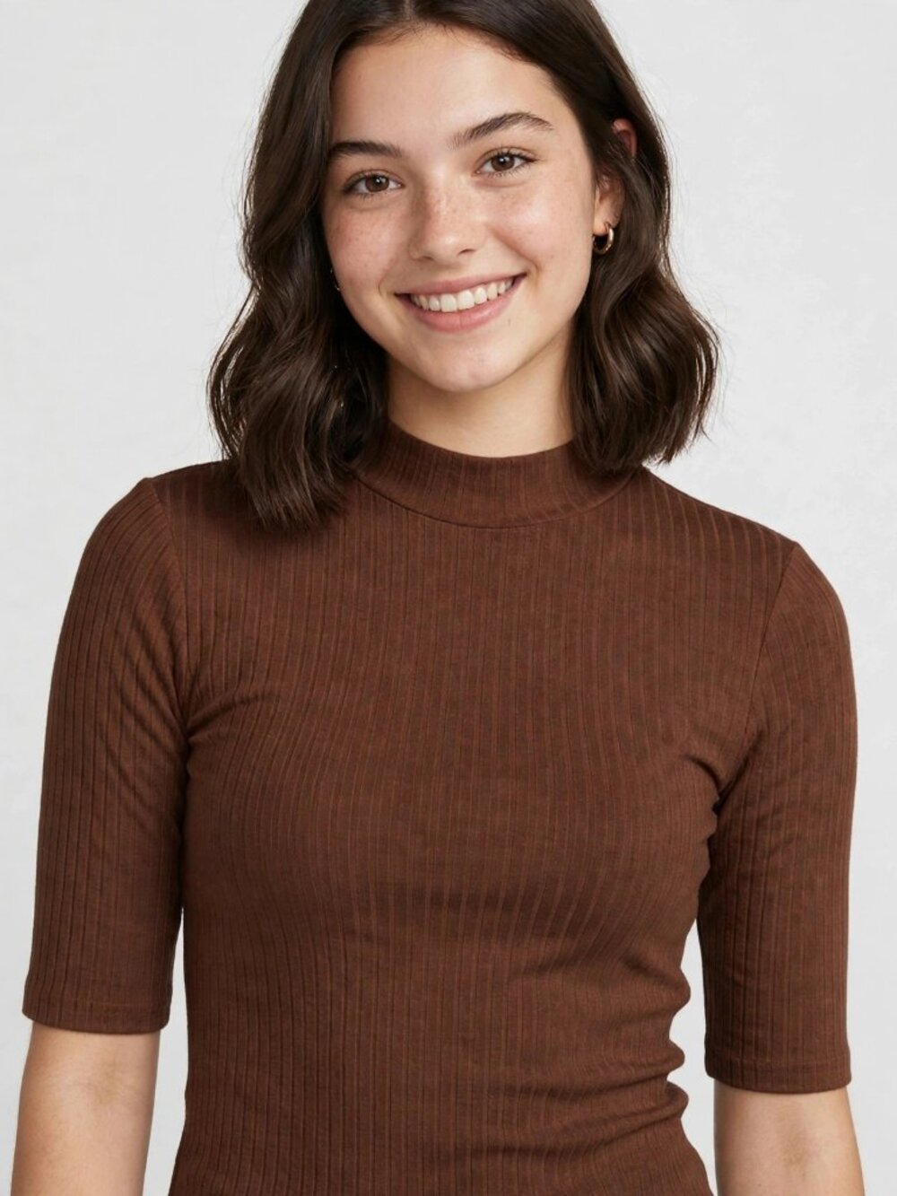 Heart & Hips Brown Ribbed Mock Neck Top 3/4 Sleeve Size L